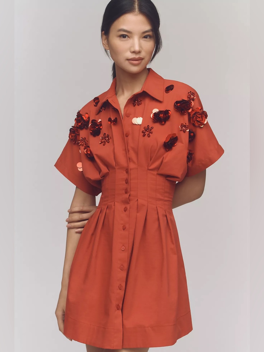 Exquise The Tobie Button-Front Pleated Red Shirt Dress Sequin Mini Edition Small